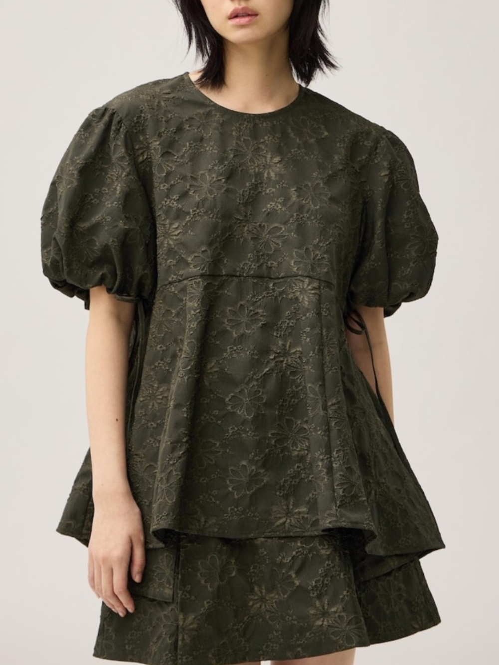 Gu by Rokh - Olive Green Floral Eyelet Puff-Sleeve Tunic